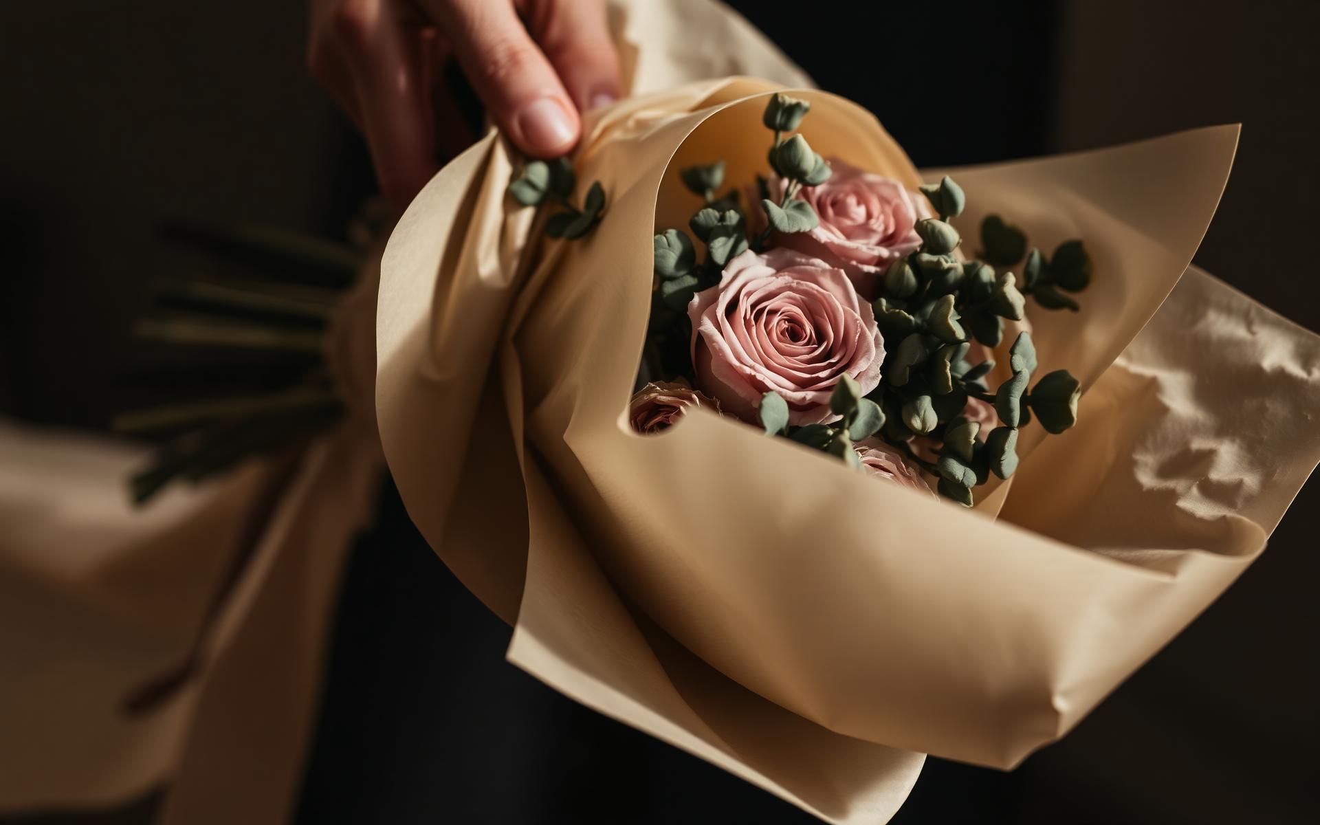 Hand-tied Lady Rose bouquet unwrapped from cream tissue